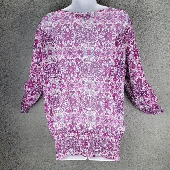 Fever Womens Blouse Top  Large Elastic Smocked Waist Tab Sleeves Sheer Floral - Picture 2 of 16